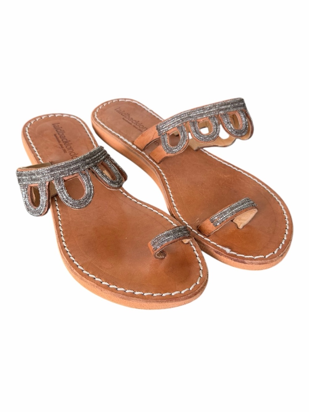 Laidback London Iroh LP Leather Sandals Silver Beadwork Toe Loop EU39 US8 VGC